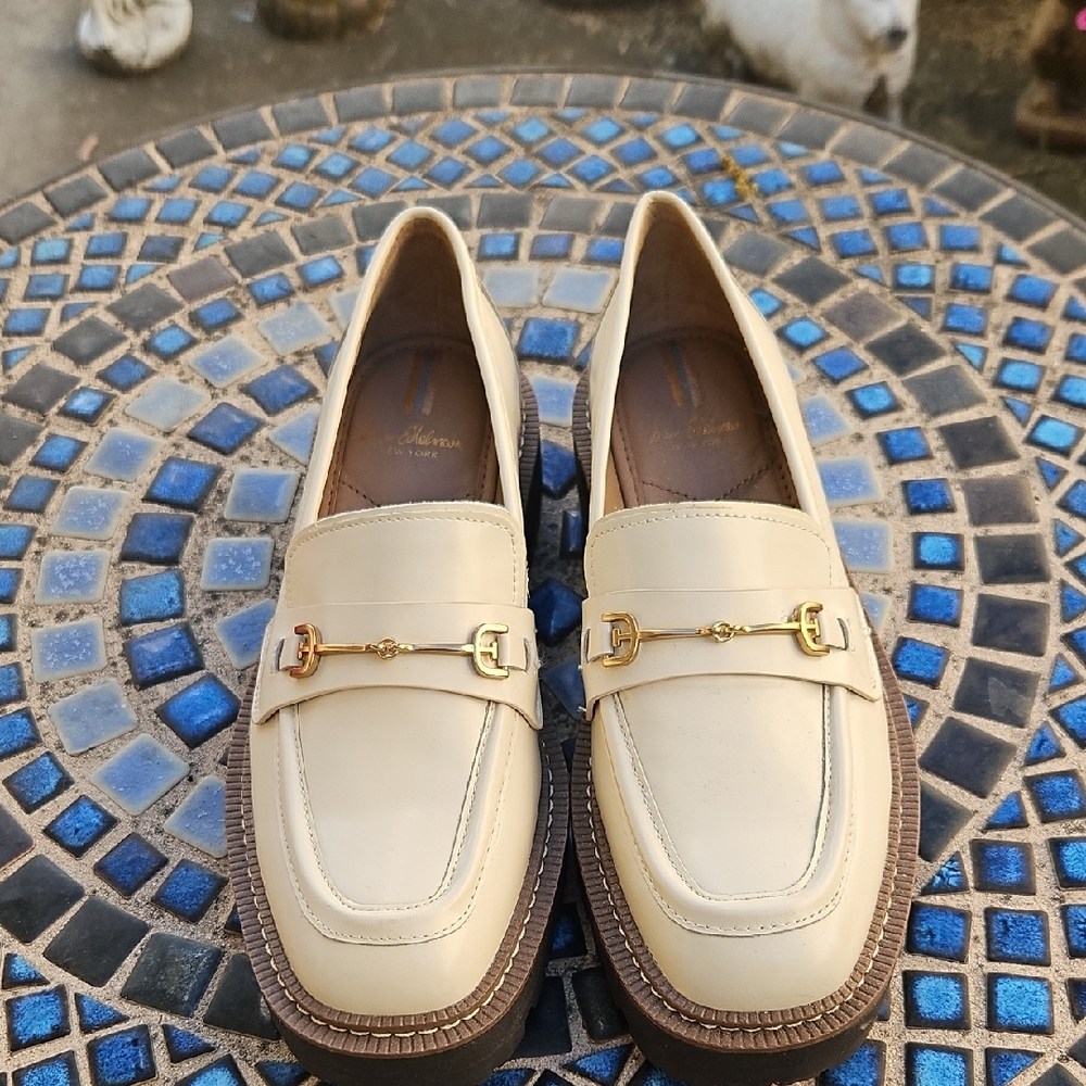 Sam Edelman New York Cream Loafers with Gold Buckle Detail